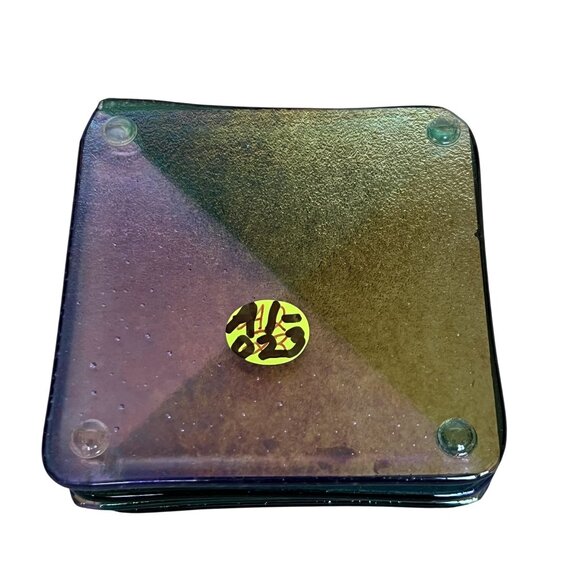 Handmade Green Purple Fused Art Glass Pastry Coasters Set Of 4 Abstract Artsy - Picture 8 of 8